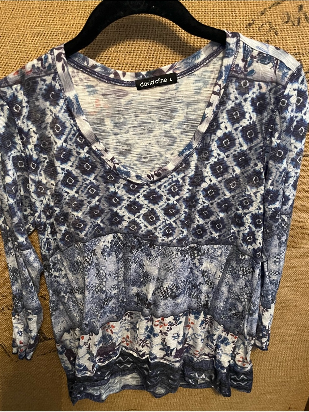 sundance boutique Blue and White Printed Long Sleeve Mixed-Print Top